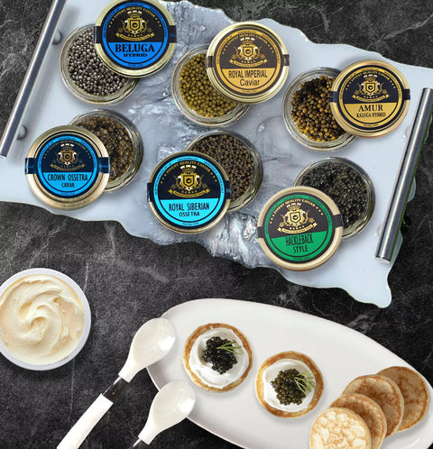 photo showing various caviar products on ice