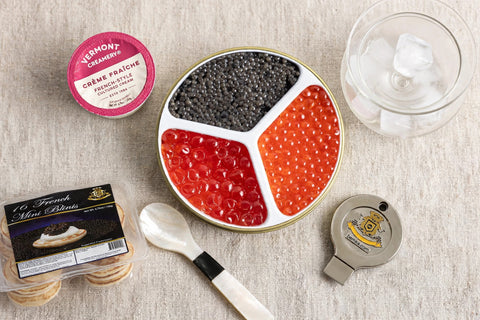 American Classics Trio: The Full Service Set with blinis, creme fraiche mini tub, mother of pearl spoon, tin opener, and martini style caviar server