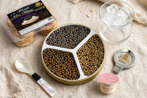 Imperial Reserve Trio: The Full Service Set with blinis, creme fraiche mini tub, mother of pearl spoon, tin opener, and martini style caviar server