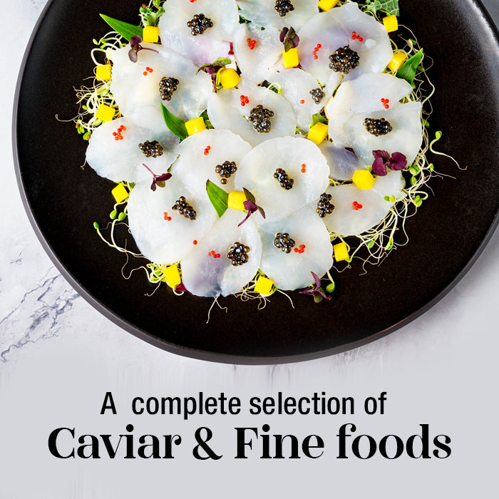 Mobile version of a caviar promo banner that says a complete selection of caviar and fine foods