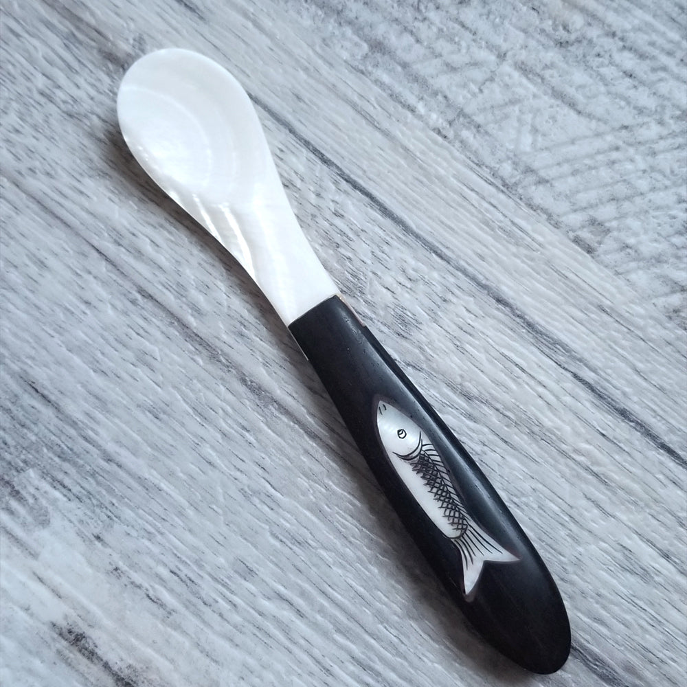 Pearl Spoon With Fish Logo On Specialty Foods Caviar Lover Bemka